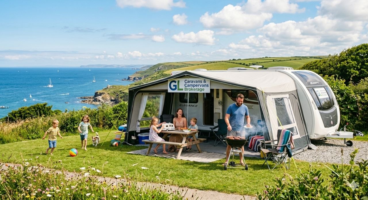 Family enjoying a sunny holiday at a coastal caravan site